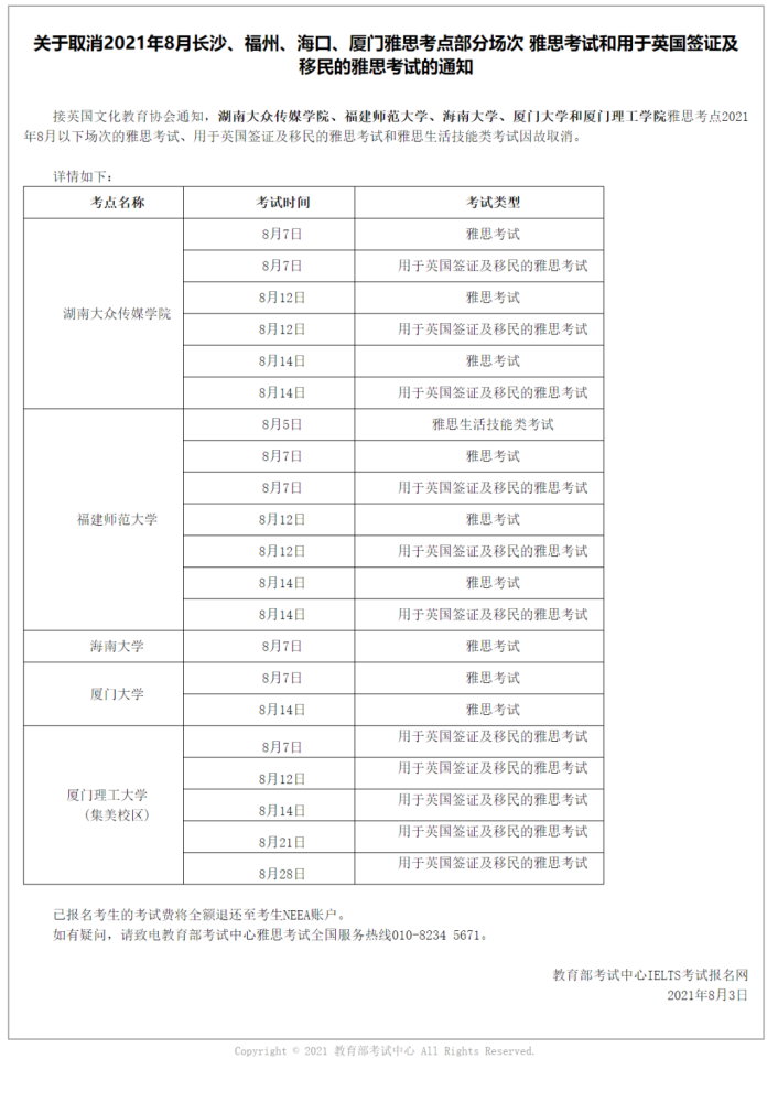 汇总:雅思官网连发通知，取消8月全国多地考试场次插图(3)